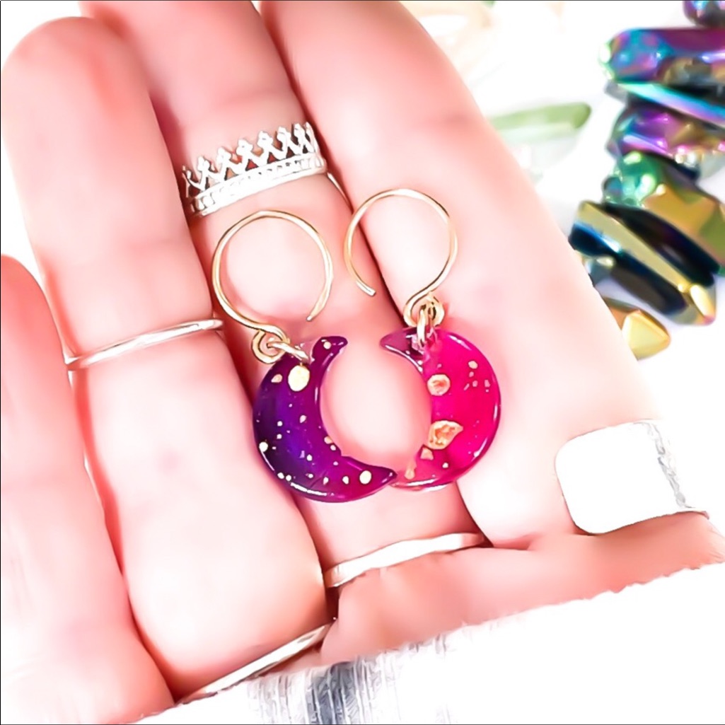 Nwt Handmade Pink/Purple & Gold Resin Crescent Mood Earrings
